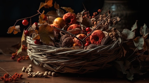 Uma cesta de frutas de outono em uma mesa