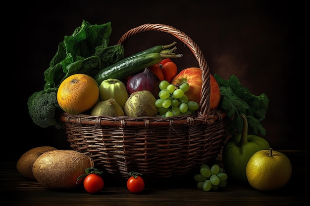 Uma cesta de frutas e legumes com fundo escuro.