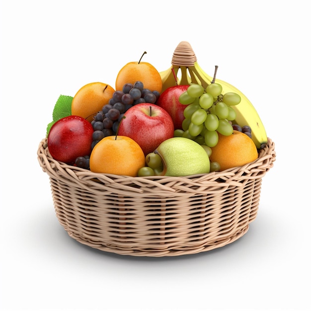 Uma cesta de frutas é mostrada com um fundo branco.