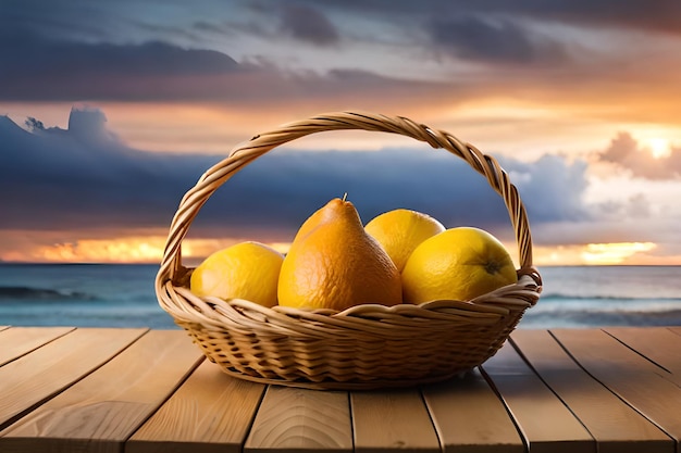 Uma cesta de frutas em uma mesa com um pôr do sol ao fundo