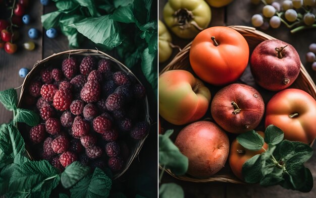 Uma cesta de frutas está sobre uma mesa ao lado de uma cesta de framboesas.