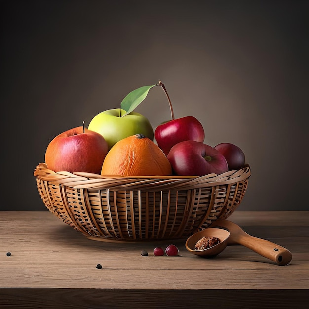 Uma cesta de frutas está sobre uma mesa com uma colher ao lado.