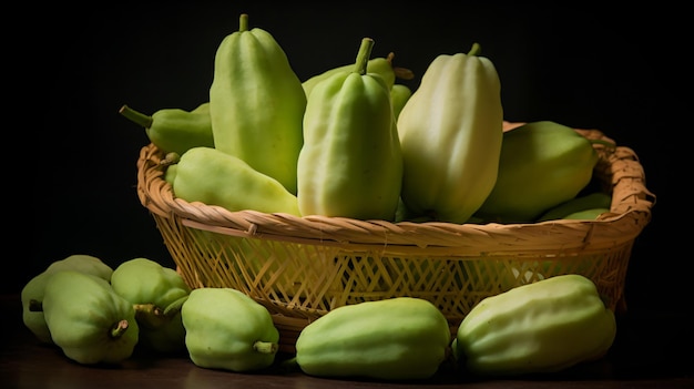 Uma cesta de frutas verdes sobre uma mesa