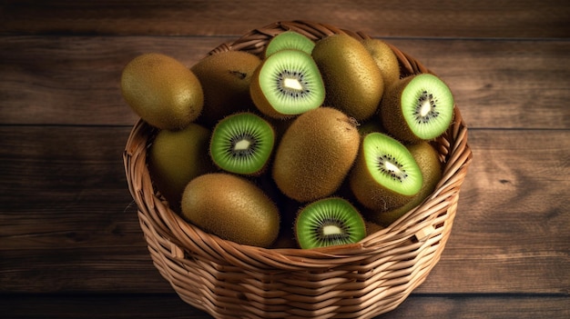 Uma cesta de kiwis é mostrada em uma mesa de madeira.