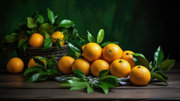 Uma cesta de laranjas com folhas em cima da mesa