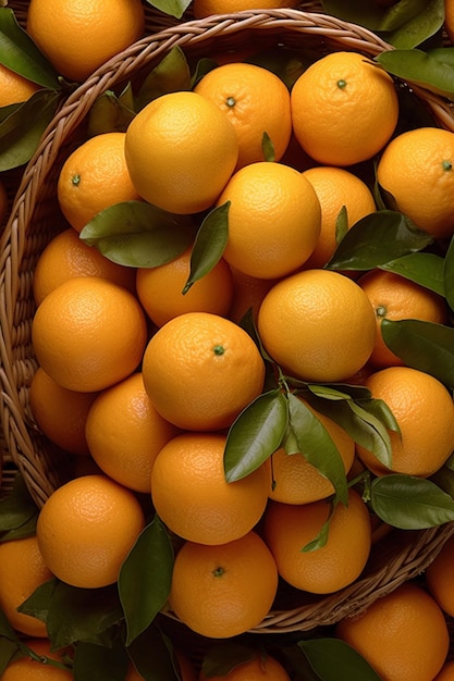 Uma cesta de laranjas com folhas verdes ao lado