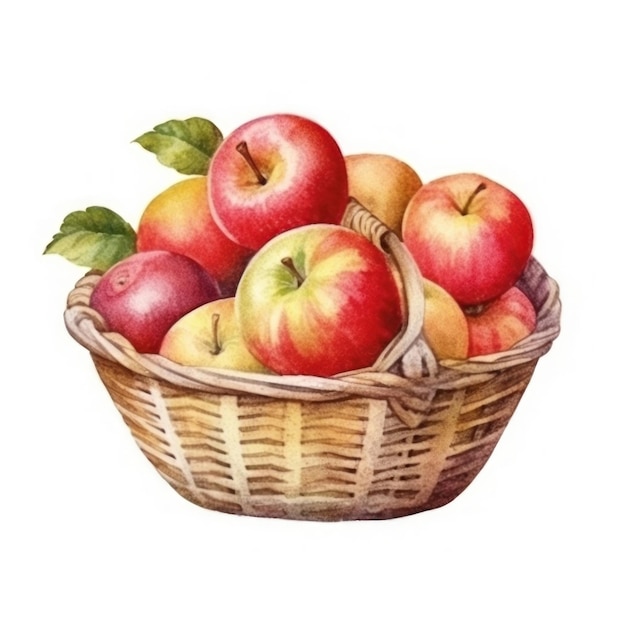 uma cesta de maçãs com folhas e o desenho de uma cesta de maçãs.