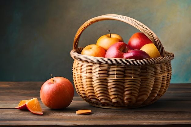 Uma cesta de maçãs e uma laranja sobre uma mesa