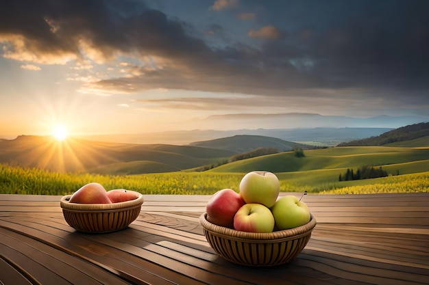 Uma cesta de maçãs em um deck de madeira com um pôr do sol ao fundo