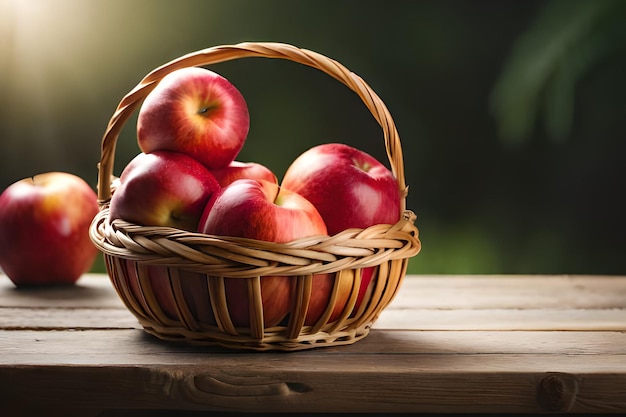 Uma cesta de maçãs em uma mesa de madeira