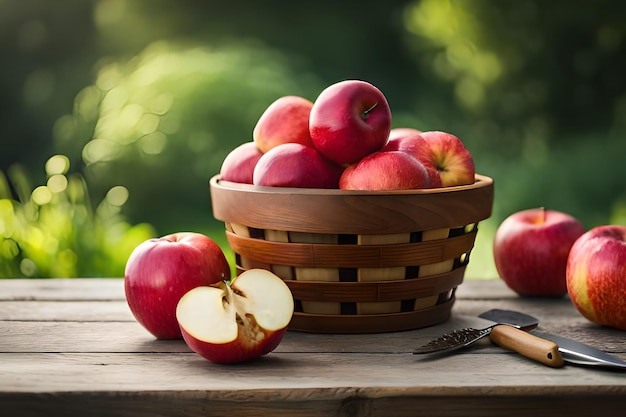 Uma cesta de maçãs está sobre uma mesa com uma faca e uma faca.