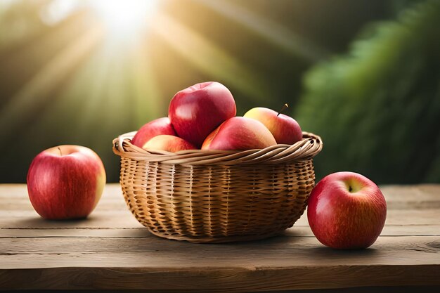 Uma cesta de maçãs sobre uma mesa com fundo verde