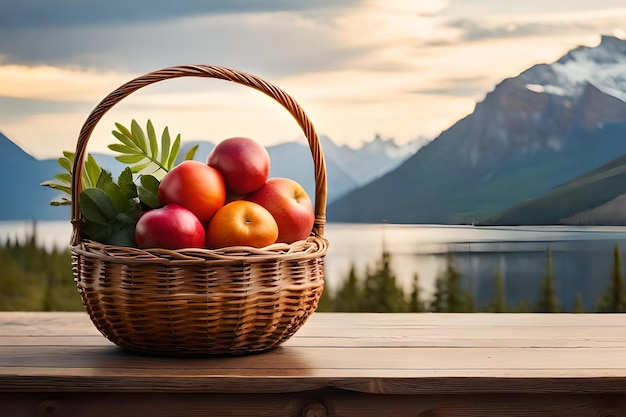 Uma cesta de maçãs sobre uma mesa com montanhas ao fundo