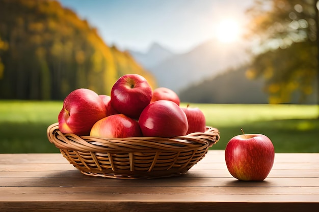 Uma cesta de maçãs sobre uma mesa com um campo ao fundo