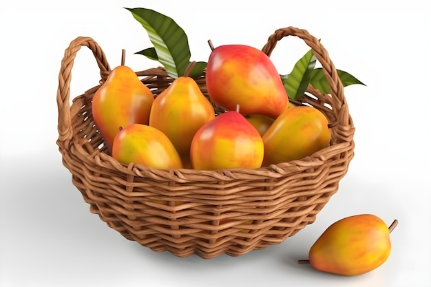 Uma cesta de mangas é mostrada com duas outras frutas.