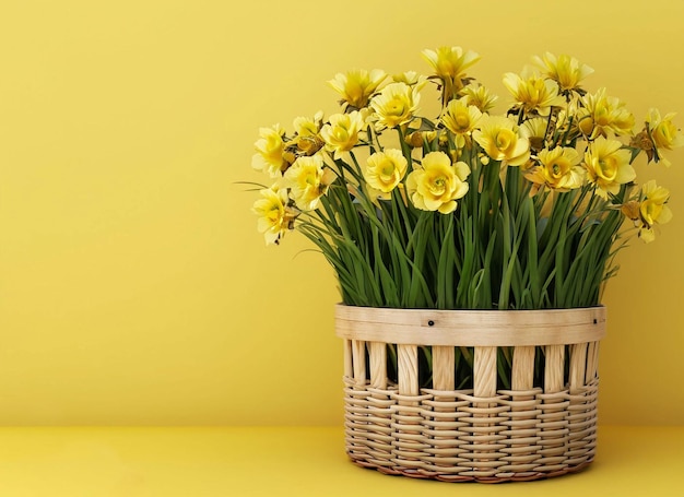 Uma cesta de narcisos está em um fundo amarelo.
