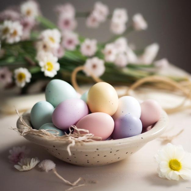 Foto uma cesta de ovos coloridos está sobre uma mesa com um buquê de flores atrás dela.