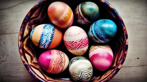 Uma cesta de ovos de páscoa coloridos com um padrão de padrões tribais.