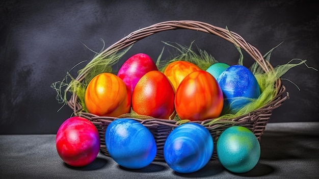 Uma cesta de ovos de páscoa coloridos fica em um fundo preto.