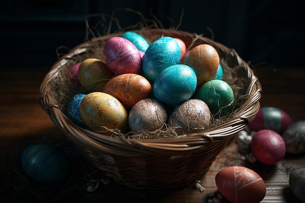Uma cesta de ovos de páscoa com uma tinta azul e dourada.