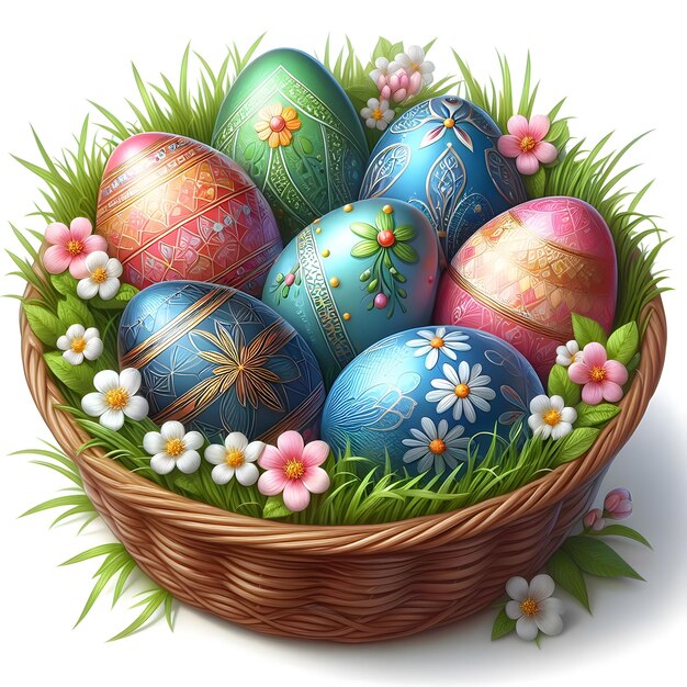 uma cesta de ovos de Páscoa pintados com uma cesta de ovo na grama