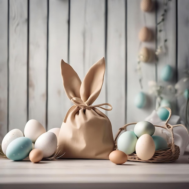 uma cesta de ovos de Páscoa senta-se em uma mesa com uma árvore de Natal ao fundo