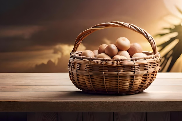 Uma cesta de ovos em uma mesa com um pôr do sol ao fundo