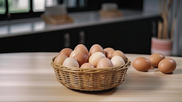 Uma cesta de ovos em uma mesa em uma cozinha