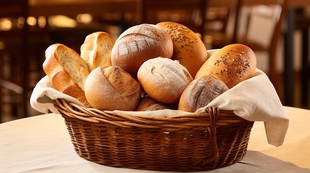 Uma cesta de pão cheia de uma variedade de pãezinhos