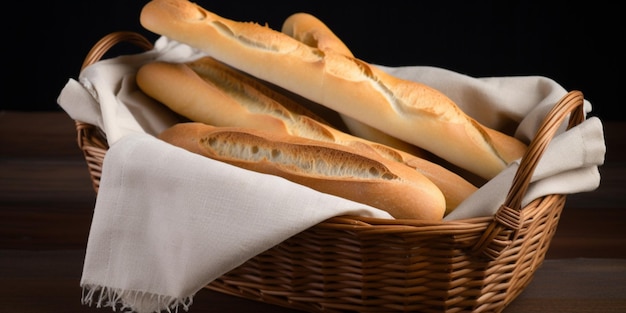 Uma cesta de pão é mostrada com um guardanapo branco.