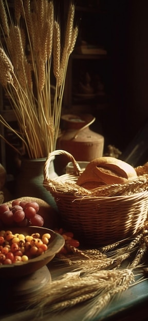 Uma cesta de pão e uma tigela de trigo