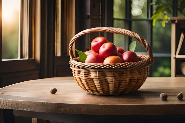 Uma cesta de pêssegos em uma mesa