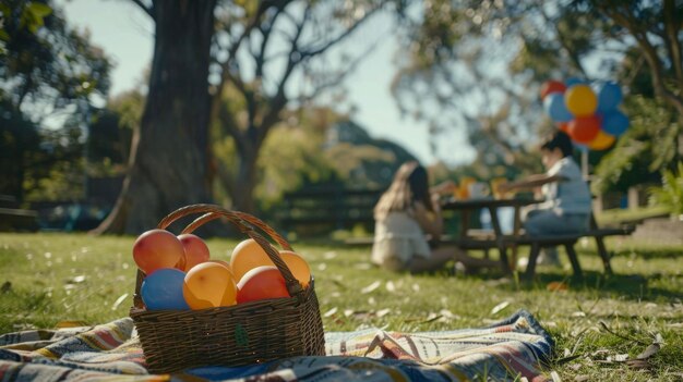 Foto uma cesta de piquenique encontra-se abandonada em um cobertor de picnic enquanto a família se afasta para brincar com um