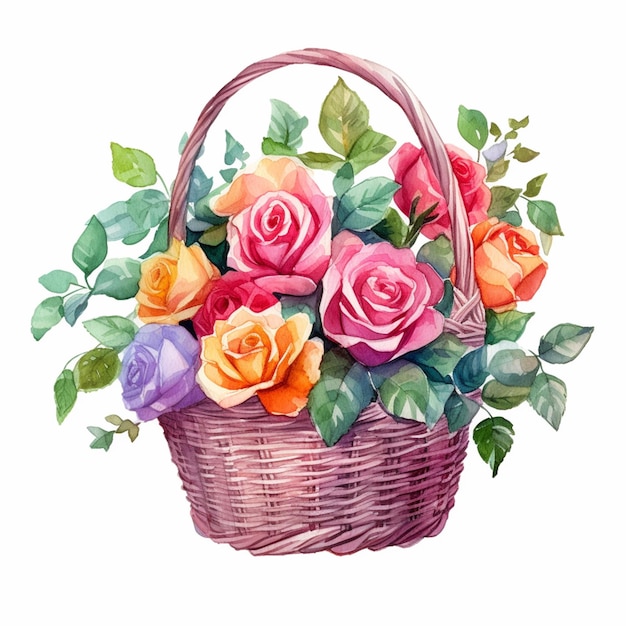 Uma cesta de rosas com folhas verdes.
