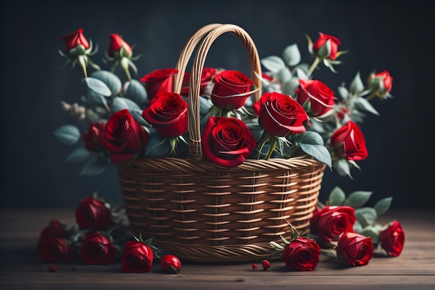 Foto uma cesta de rosas vermelhas com um buquê de rosas em um fundo escuro