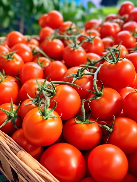 uma cesta de tomates cereja é exposta em um mercado.