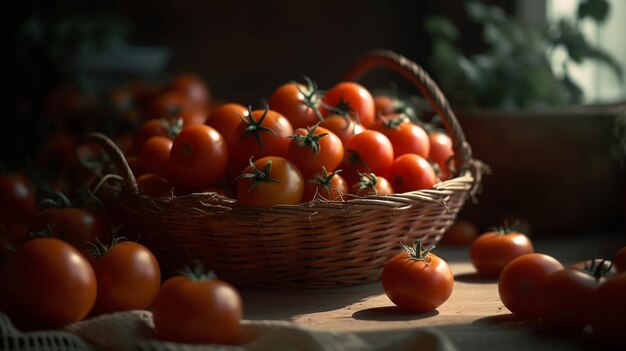 Uma cesta de tomates está sobre uma mesa.