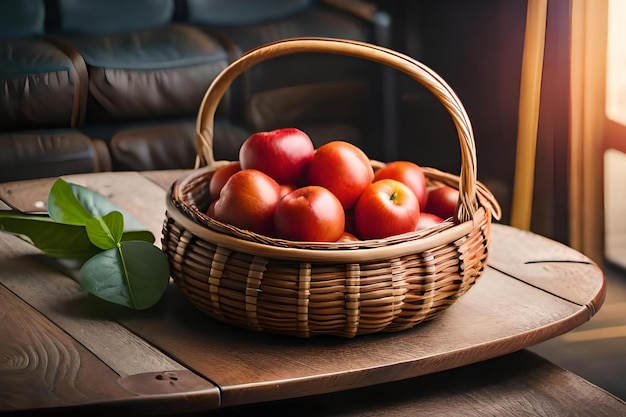 Uma cesta de tomates está sobre uma mesa.