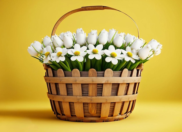 Uma cesta de tulipas brancas está sobre um fundo amarelo.
