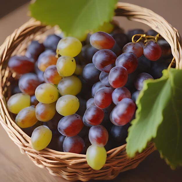 uma cesta de uvas com uma folha que diz uvas