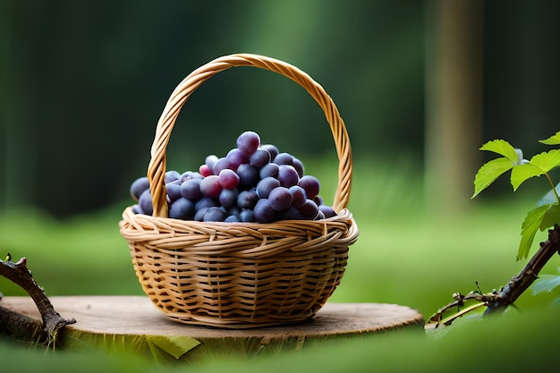 Uma cesta de uvas em um toco de árvore
