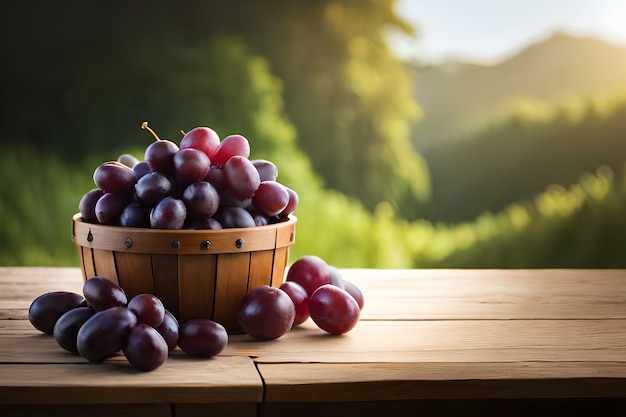 Uma cesta de uvas em uma mesa com fundo desfocado