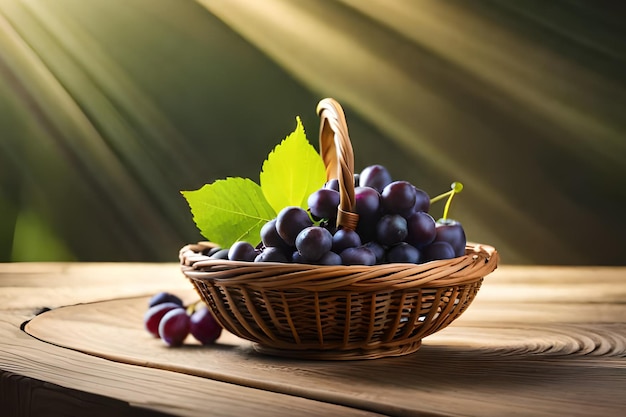 Uma cesta de uvas em uma mesa com uma folha verde.