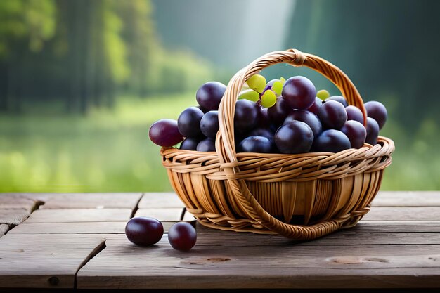 Uma cesta de uvas em uma mesa