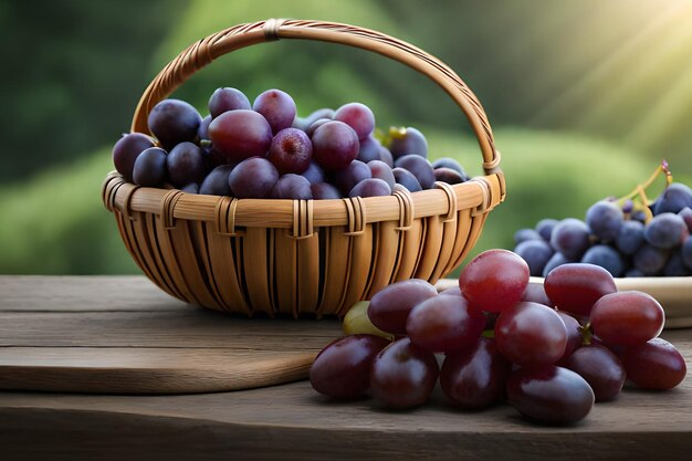 Uma cesta de uvas em uma mesa