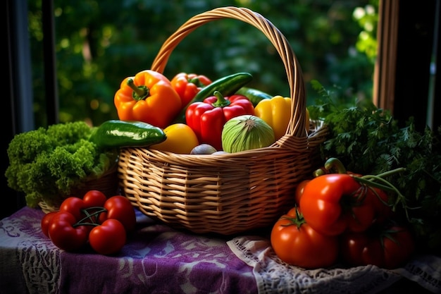 uma cesta de vegetais e uma cesta de tomates