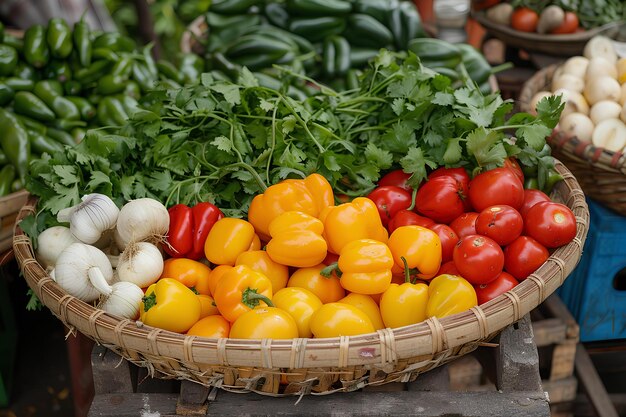 Uma cesta de vegetais sentada em uma mesa em um mercado com outros vegetais ao fundo