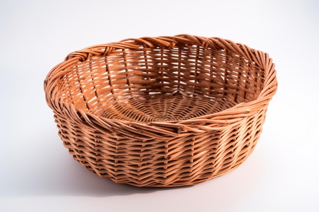 Uma cesta de vime marrom com o canto superior esquerdo e o canto inferior direito.