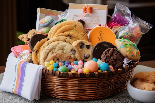 Uma cesta repleta de guloseimas, incluindo biscoitos e doces criados com IA generativa