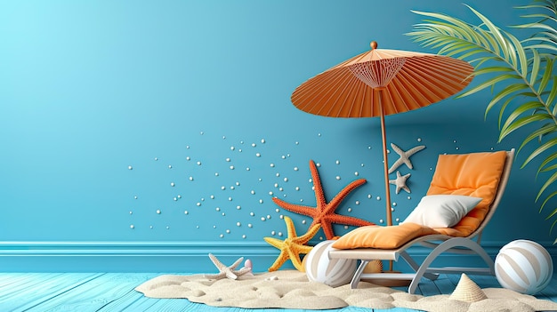 Uma chaise longue com um guarda-chuva sob folhas de palmeira em um fundo azul
